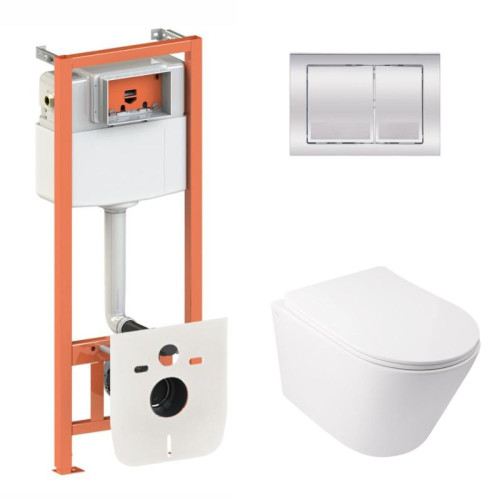 Готовое решение Qtap для ванной комнаты: подвесной унитаз Swan Ultra Quiet 485x360x320 + комплект инсталляции Nest 4 в 1 (квадратная клавиша Chrome)