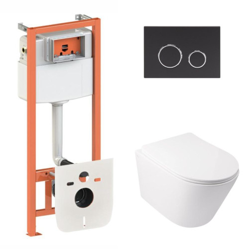 Готовое решение Qtap для ванной комнаты: подвесной унитаз  Swan Ultra Quiet 485x360x320 + комплект инсталляции Nest 4 в 1 (круглая клавиша Matt Black)