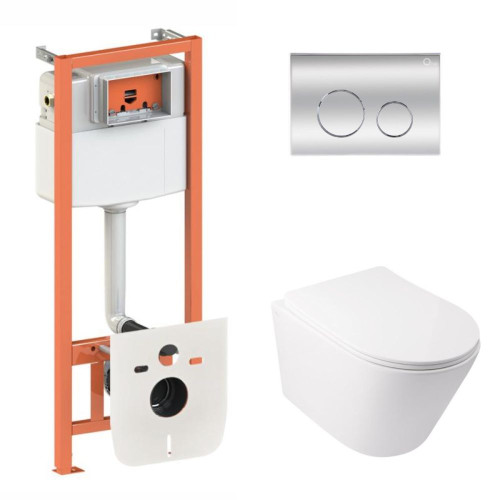 Готовое решение Qtap для ванной комнаты: подвесной унитаз  Swan Ultra Quiet 485x360x320 + комплект инсталляции Nest 4 в 1 (круглая клавиша Chrome)
