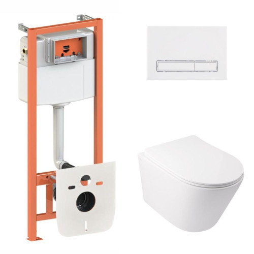 Готовое решение Qtap для ванной комнаты: подвесной унитаз  Swan Ultra Quiet 485x360x320 + комплект инсталляции Nest 4 в 1 (линейная клавиша White)