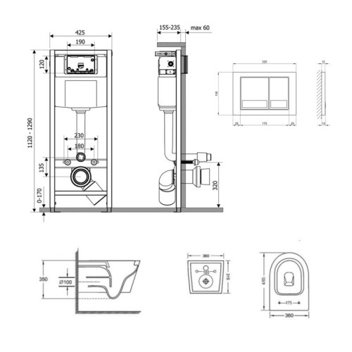 Готовое решение Qtap для ванной комнаты: подвесной унитаз Jay Ultra Quiet 485x360x320 + комплект инсталляции Nest 4 в 1 (квадратная клавиша Chrome)