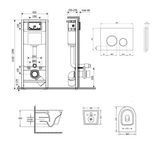 Готовое решение Qtap для ванной комнаты: подвесной унитаз Jay Ultra Quiet 485x360x320 + комплект инсталляции Nest 4 в 1 (круглая клавиша Chrome)