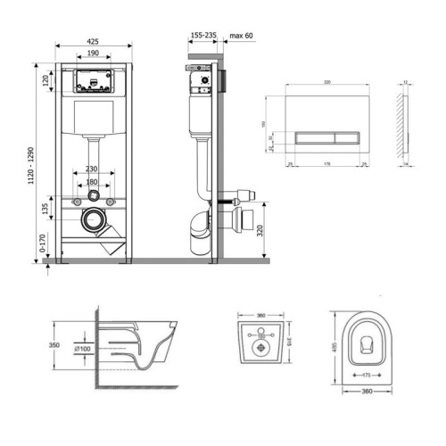Готовое решение Qtap для ванной комнаты: подвесной унитаз Jay Ultra Quiet 485x360x320 + комплект инсталляции Nest 4 в 1 (линейная клавиша White)