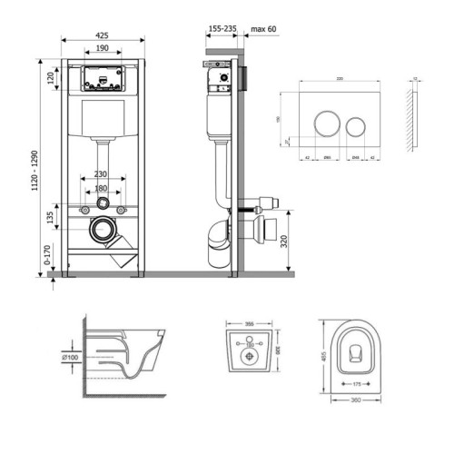 Готовое решение Qtap для ванной комнаты: подвесной унитаз  Swan Ultra Quiet 485x360x320 + комплект инсталляции Nest 4 в 1 (круглая клавиша Matt Black)