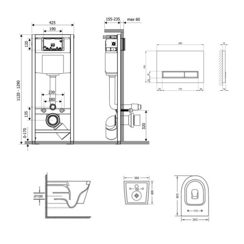 Готовое решение Qtap для ванной комнаты: подвесной унитаз  Swan Ultra Quiet 485x360x320 + комплект инсталляции Nest 4 в 1 (линейная клавиша Matt Black)