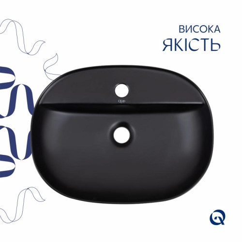 Комплект Qtap Scorpio: Раковина накладная овальная 500x380x120 мм Matt Black + Донный клапан PU03