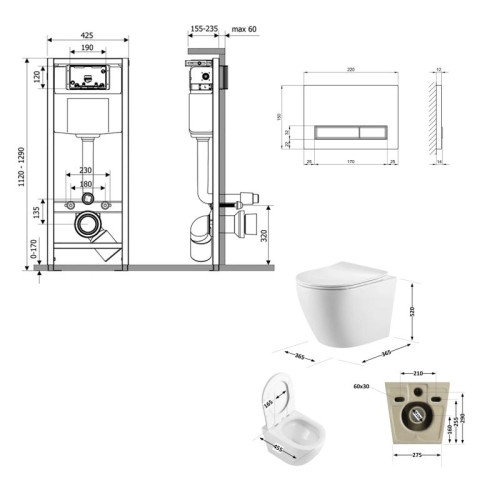 Готовое решение Qtap для ванной комнаты: подвесной унитаз Robin Ultra Quiet 520x365x365 + комплект инсталляции Nest 4 в 1 (линейная клавиша Matt Black)