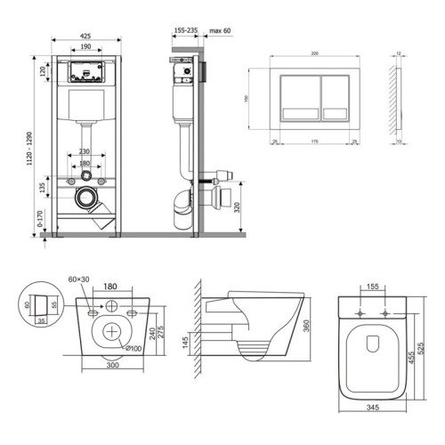 Готовое решение Qtap для ванной комнаты: подвесной унитаз Tern Ultra Quiet 525x345x360 + комплект инсталляции Nest 4 в 1 (квадратная клавиша Chrome)