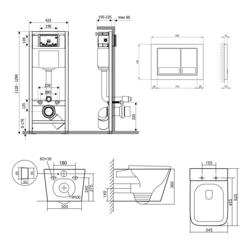 Готовое решение Qtap для ванной комнаты: подвесной унитаз Tern Ultra Quiet 525x345x360 + комплект инсталляции Nest 4 в 1 (квадратная клавиша Satin)