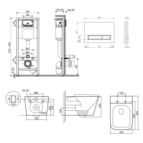 Готовое решение Qtap для ванной комнаты: подвесной унитаз Tern Ultra Quiet 525x345x360 + комплект инсталляции Nest 4 в 1 (линейная клавиша White)