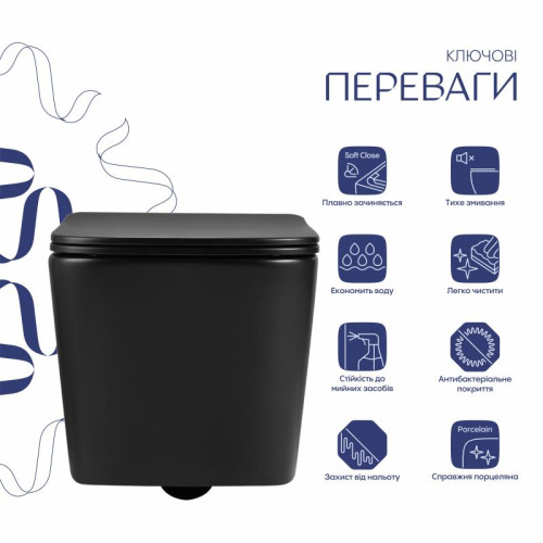 Унитаз подвесной Qtap Crow Ultra Quiet 485×340×290 мм, Matt Black, с сиденьем Slim Duroplast/ Soft-close/ Quick Release QT05335171MB