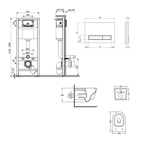 Готовое решение Qtap для ванной комнаты: подвесной унитаз Swan Ultra Quiet 520×360×320 + комплект инсталляции Nest 4 в 1 (линейная клавиша White)