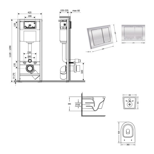 Готовое решение Qtap для ванной комнаты: подвесной унитаз Jay Ultra Quiet 520x360x320 + комплект инсталляции Nest 4 в 1 (квадратная клавиша Chrome)