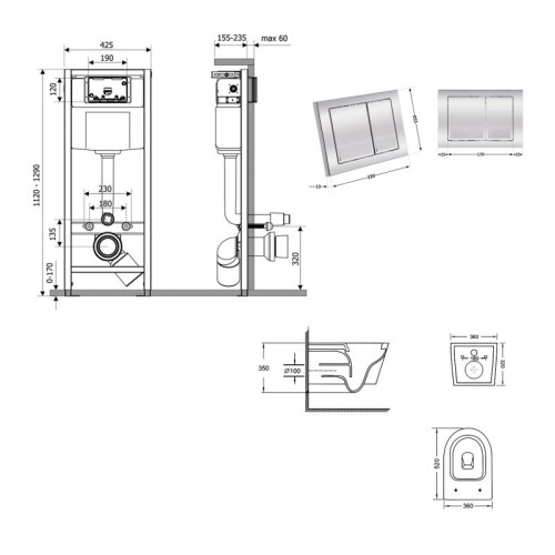 Готовое решение Qtap для ванной комнаты: подвесной унитаз Swan Ultra Quiet 520×360×320 + комплект инсталляции Nest 4 в 1 (квадратная клавиша Chrome)