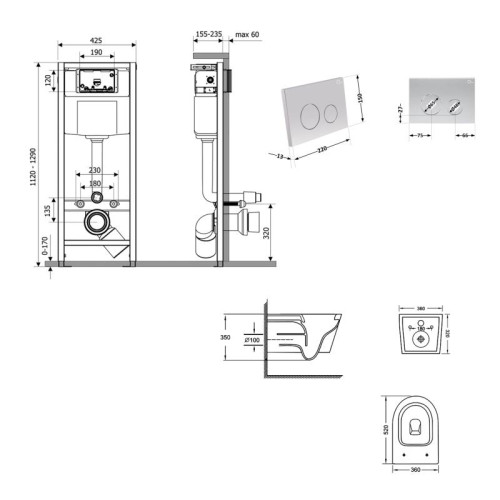 Готовое решение Qtap для ванной комнаты: подвесной унитаз Jay Ultra Quiet 520x360x320 + комплект инсталляции Nest 4 в 1 (круглая клавиша Satin)
