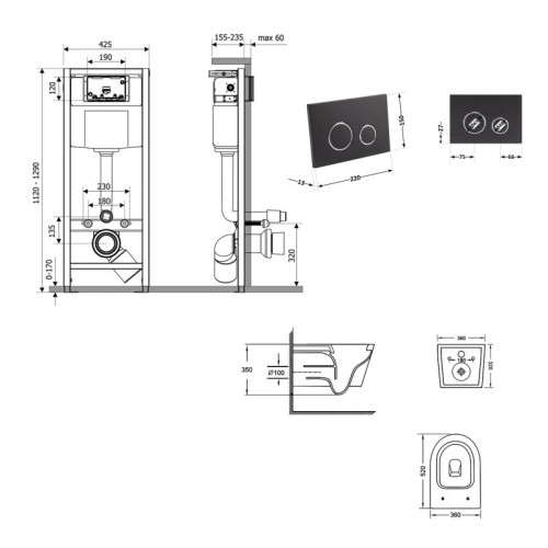Готовое решение Qtap для ванной комнаты: подвесной унитаз Jay Ultra Quiet 520x360x320 + комплект инсталляции Nest 4 в 1 (круглая клавиша Matt Black)
