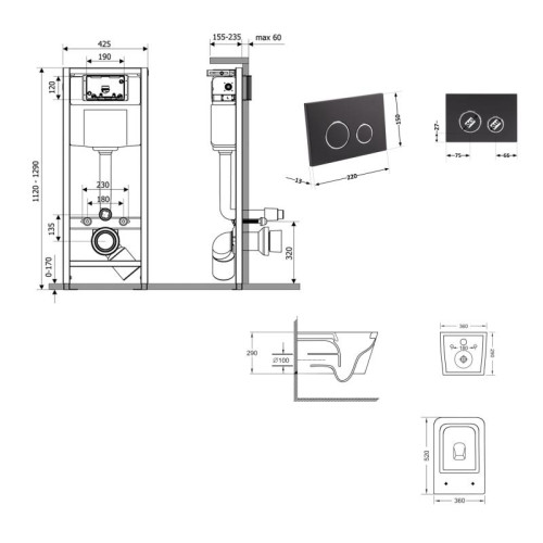 Готовое решение Qtap для ванной комнаты: подвесной унитаз Crow Ultra Quiet 520×360×290 + комплект инсталляции Nest 4 в 1 (круглая клавиша Matt Black)