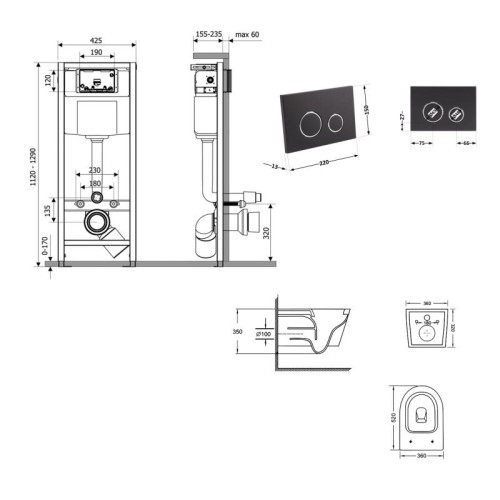 Готовое решение Qtap для ванной комнаты: подвесной унитаз Swan Ultra Quiet 520×360×320 + комплект инсталляции Nest 4 в 1 (круглая клавиша Matt Black)