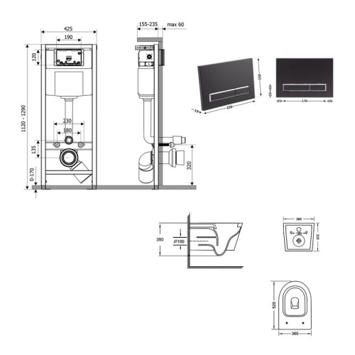 Готовое решение Qtap для ванной комнаты: подвесной унитаз Jay Ultra Quiet 520x360x320 + комплект инсталляции Nest 4 в 1 (линейная клавиша Matt Black)