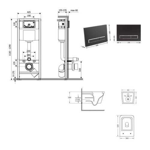 Готовое решение Qtap для ванной комнаты: подвесной унитаз Crow Ultra Quiet 520×360×290 + комплект инсталляции Nest 4 в 1 (линейная клавиша Matt Black)