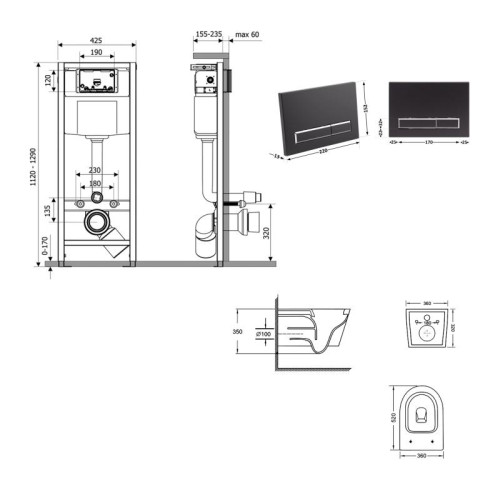 Готовое решение Qtap для ванной комнаты: подвесной унитаз Swan Ultra Quiet 520×360×320 + комплект инсталляции Nest 4 в 1 (линейная клавиша Matt Black)