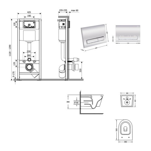 Готовое решение Qtap для ванной комнаты: подвесной унитаз Jay Ultra Quiet 520x360x320 + комплект инсталляции Nest 4 в 1 (линейная клавиша Chrome)