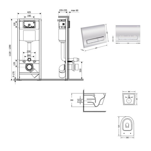 Готовое решение Qtap для ванной комнаты: подвесной унитаз Swan Ultra Quiet 520×360×320 + комплект инсталляции Nest 4 в 1 (линейная клавиша Chrome)