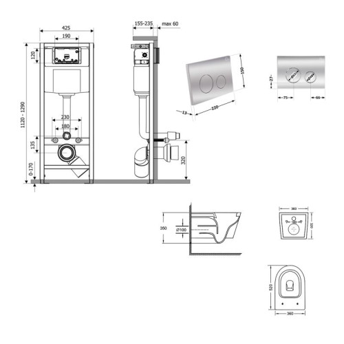 Готовое решение Qtap для ванной комнаты: подвесной унитаз Swan Ultra Quiet 520×360×320 + комплект инсталляции Nest 4 в 1 (круглая клавиша Chrome)