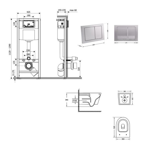 Готовое решение Qtap для ванной комнаты: подвесной унитаз Jay Ultra Quiet 520x360x320 + комплект инсталляции Nest 4 в 1 (квадратная клавиша Satin)