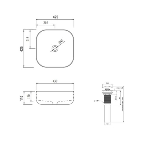 Комплект Qtap Kolibri: Раковина накладная 425x425x140 мм, White, квадратная + Донный клапан Pop-up PU02