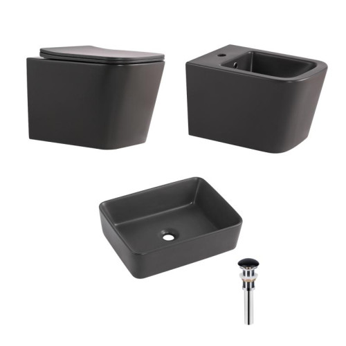 Комплект Qtap Tern Anthracite 3 в 1: унитаз подвесной Ultra Quiet + биде подвесное + раковина накладная QTTERAN49161
