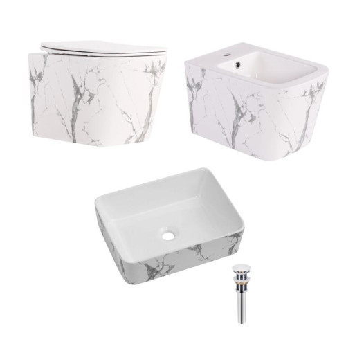 Комплект Qtap Tern Marble 3 в 1: унитаз подвесной Ultra Quiet + биде подвесное + раковина накладная QTTERMR49164