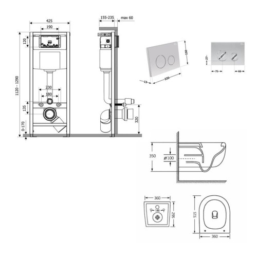 Готовое решение Qtap для ванной комнаты: подвесной унитаз Taurus Ultra Quiet 515×360×350 + комплект инсталляции Nest 4 в 1 (круглая клавиша Satin)