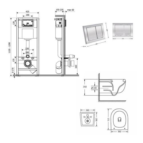 Готовое решение Qtap для ванной комнаты: подвесной унитаз Taurus Ultra Quiet 515×360×350 + комплект инсталляции Nest 4 в 1 (квадратная клавиша Chrome)