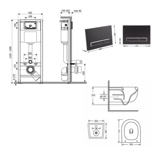 Готовое решение Qtap для ванной комнаты: подвесной унитаз Taurus Ultra Quiet 515×360×350+ комплект инсталляции Nest 4в1 (линейная клавиша Matt Black)