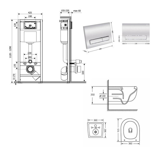 Готовое решение Qtap для ванной комнаты: подвесной унитаз Taurus Ultra Quiet 515×360×350 + комплект инсталляции Nest 4 в 1 (линейная клавиша Chrome)