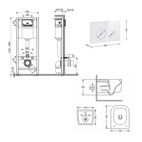 Готовое решение Qtap для ванной комнаты: подвесной унитаз Gemini Ultra Quiet 485×340×350 + комплект инсталляции Nest 4 в 1 (круглая клавиша White)