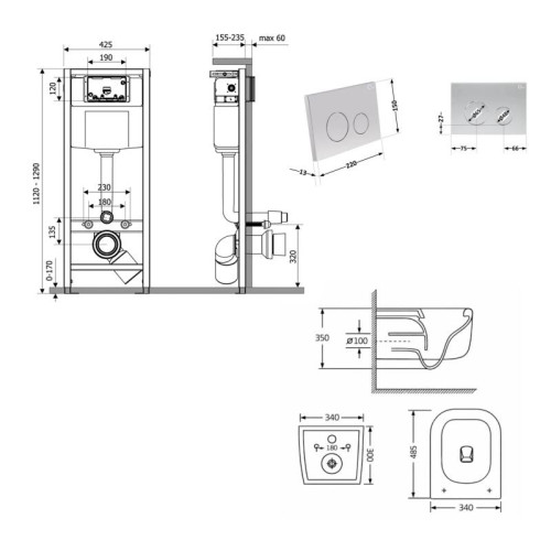 Готовое решение Qtap для ванной комнаты: подвесной унитаз Gemini Ultra Quiet 485×340×350 + комплект инсталляции Nest 4 в 1 (круглая клавиша Satin)