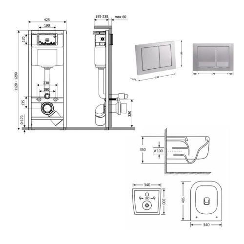 Готовое решение Qtap для ванной комнаты: подвесной унитаз Gemini Ultra Quiet 485×340×350 + комплект инсталляции Nest 4 в 1 (квадратная клавиша Satin)