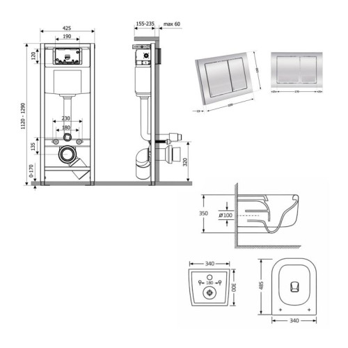 Готовое решение Qtap для ванной комнаты: подвесной унитаз Gemini Ultra Quiet 485×340×350 + комплект инсталляции Nest 4 в 1 (квадратная клавиша Chrome)