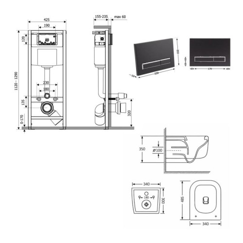 Готовое решение Qtap для ванной комнаты: подвесной унитаз Gemini Ultra Quiet 485×340×350+ комплект инсталляции Nest 4в1 (линейная клавиша Matt Black)