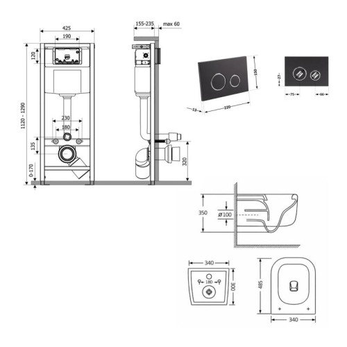Готовое решение Qtap для ванной комнаты: подвесной унитаз Gemini Ultra Quiet 485×340×350 + комплект инсталляции Nest 4в1 (круглая клавиша Matt Black)