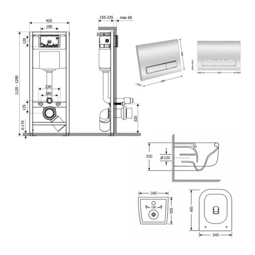 Готовое решение Qtap для ванной комнаты: подвесной унитаз Gemini Ultra Quiet 485×340×350 + комплект инсталляции Nest 4 в 1 (линейная клавиша Chrome)