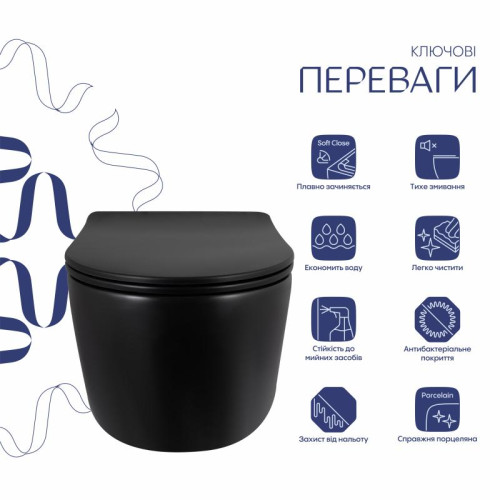 Унитаз подвесной Qtap Taurus Ultra Quiet 515×360×350 мм, Matt Black, с сиденьем Slim Duroplast / Soft-close / Quick Release QTTAU28BLM50504