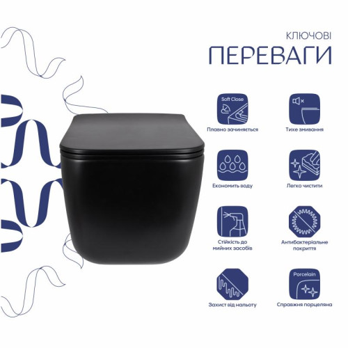 Унитаз подвесной Qtap Gemini Ultra Quiet 485×340×350 мм, Matt Black, с сиденьем Slim Duroplast / Soft-close / Quick Release QTGEM28BLM50505