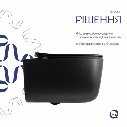 Унитаз подвесной Qtap Gemini Ultra Quiet 485×340×350 мм, Matt Black, с сиденьем Slim Duroplast / Soft-close / Quick Release QTGEM28BLM50505