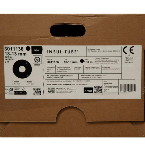 Теплоизоляция каучуковая для труб  INSUL TUBE 18х13, 2 м
