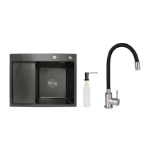 Акционный набор Lidz: мойка H6350BL интегрированная крыло слева Brushed Black PVD 3,0/1,0 мм + Смеситель Aria для кухни с гибким изливом (k35) Black