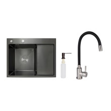 Акционный набор Lidz: мойка H6350BR интегрированная крыло справа Brushed Black PVD 3,0/1,0 мм + Смеситель Aria для кухни с гибким изливом (k35) Black