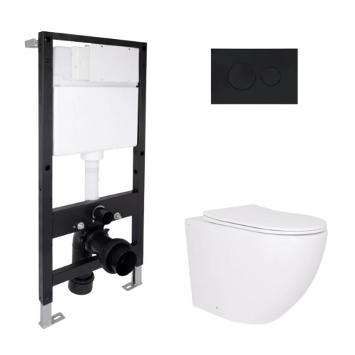 Готовое решение Qtap для ванной комнаты: подвесной унитаз Robin Ultra Quiet 520x365x365 + комплект инсталляции Standard (круглая кнопка Black)